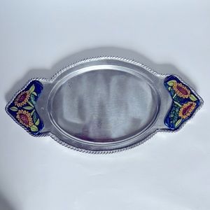 Beautiful large Mexican pewter & painted ceramic platter featuring sunflowers.